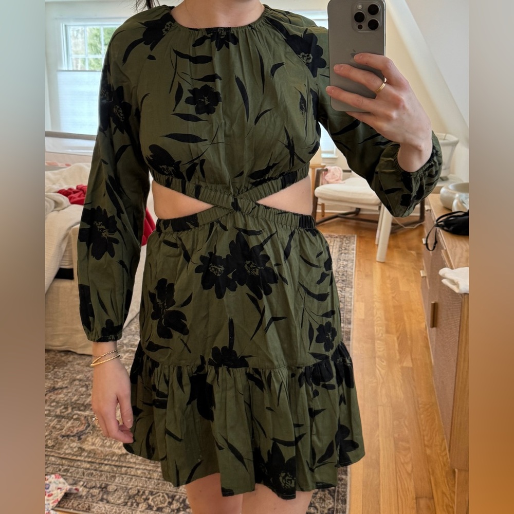 Green and black floral dress with cut out